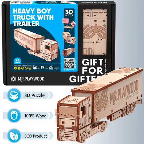 Конструктор "Тягач с причепом" механічна дерев'яна 3D-модель (88 дет), Mr. Playwood