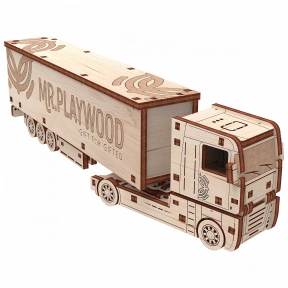 Конструктор "Тягач с причепом" механічна дерев'яна 3D-модель (88 дет), Mr. Playwood