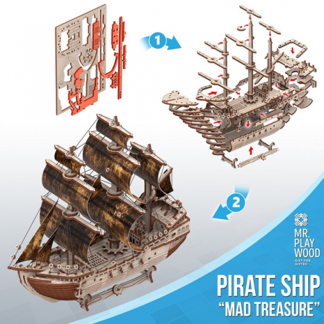 Механічний дерев'яний конструктор Піратський корабель "Божевільний скарб" (156 дет), 3D Mr. Playwood