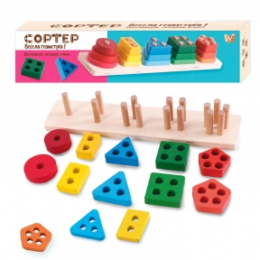 Дерев'яний геометричний сортер 15 фігур з отворами та кілочками, 10316
