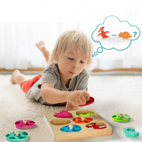 Дерев`яна двошарова рамка - вкладка з фігурками Динозаври