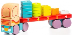 Деревянная машинка - пирамидка (счёт) Тягач с геометрическими фигурами Cubika, Левеня, LM-13, 13425