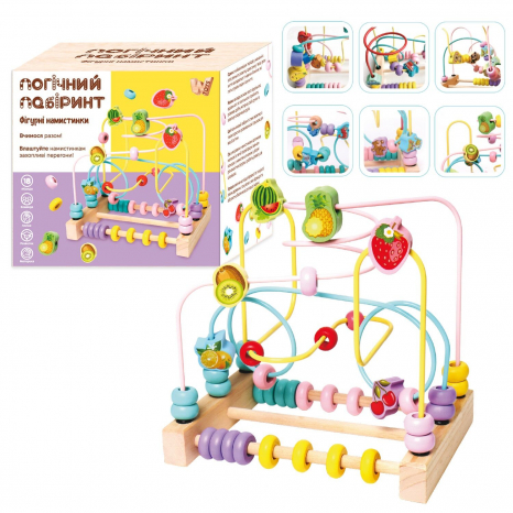 Пальчиковий лабіринт дерев'яний, 2 рахівниці, кольорові намистинки, "фруктові" фігурки 14026