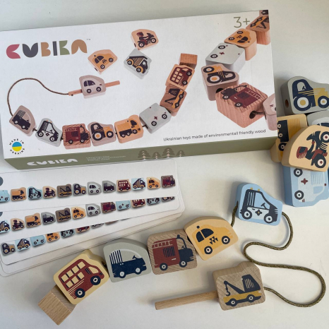 Деревянная шнуровка с карточками-заданиями машинки - силянки 2 Cubika 16006