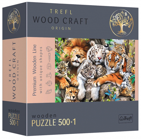 Пазли фігурні з дерева - (500 + 1 елм.) - "Дикі коти в джунглях" / Trefl. 20152
