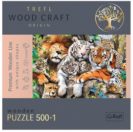 Пазли фігурні з дерева - (500 + 1 елм.) - "Дикі коти в джунглях" / Trefl. 20152