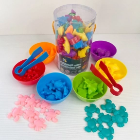 Логическая игра 2188-16 Морские обитатели: 56 элементов, цветные животные, 6 мисочек, 2 пары щипцов,