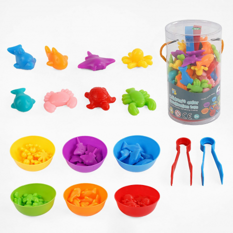 Логічна гра 2188-16 Морські мешканці: 56 елементів, кольорові тваринки, 6 мисочок, 2 пари щипців, у відрі