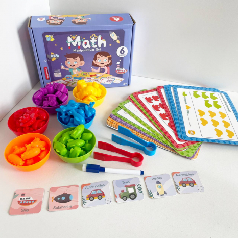 Логічна математична гра з картками із завданнями, гумові фігурки Транспорт, маркер “пиши-витирай” 2188-43