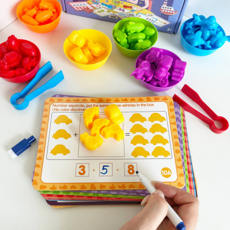 Логічна математична гра з картками із завданнями, гумові фігурки Транспорт, маркер “пиши-витирай” 2188-43