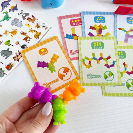 Логічна гра сортер+конструктор, вивчаємо кольори з фігурками тварин, картки із завданнями, 2188-86