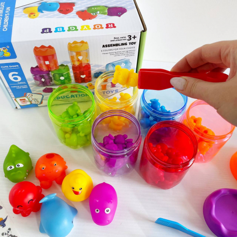 Логічна гра сортер+конструктор, вивчаємо кольори з фігурками тварин, картки із завданнями, 2188-86