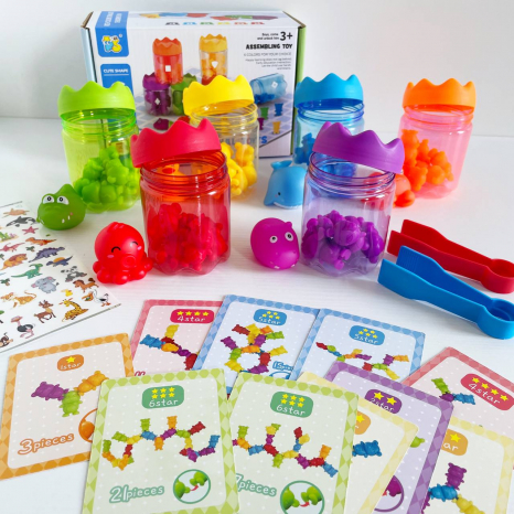 Логічна гра сортер+конструктор, вивчаємо кольори з фігурками тварин, картки із завданнями, 2188-86