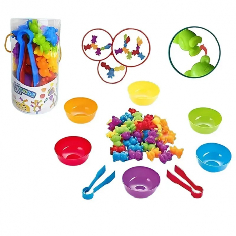 Логічна гра-сортер з ведмедиками, 6 тарілочок, 2 пари щипців, медведики з'єднуються, 2188-96