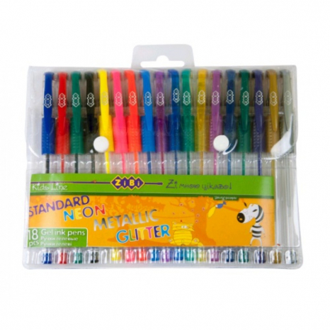 Набір Zibi гелеві ручки 18 кол. СТАНДАРТ+НЕОН+ГЛІТЕР+МЕТАЛІК 2206-99 ZB