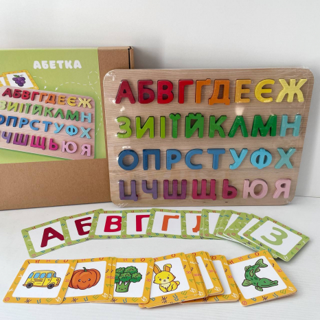 Дерев'яна гра-сортер з картками (рамка-вкладиш) Українська абетка Logosvit