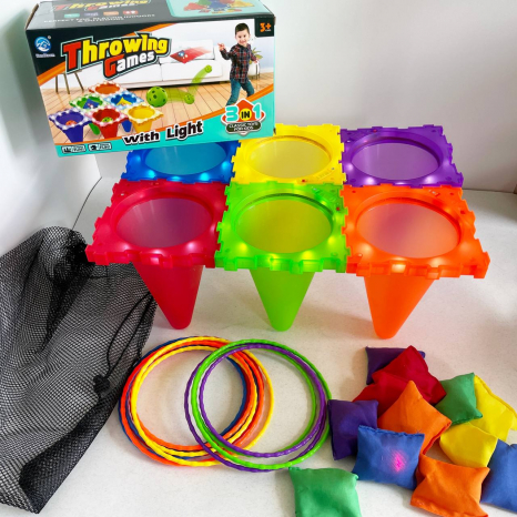 Активна гра 3в1 з конусами і мішечками для метання з підсвіткою, кольорові кільця , 2888-16 B