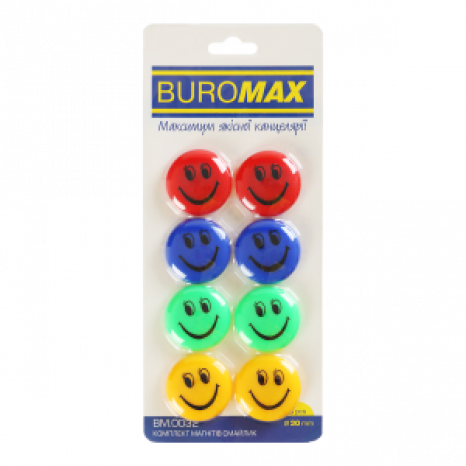 Магніти BUROMAX 0032 комплект 8шт*30мм Смайлик кольорові