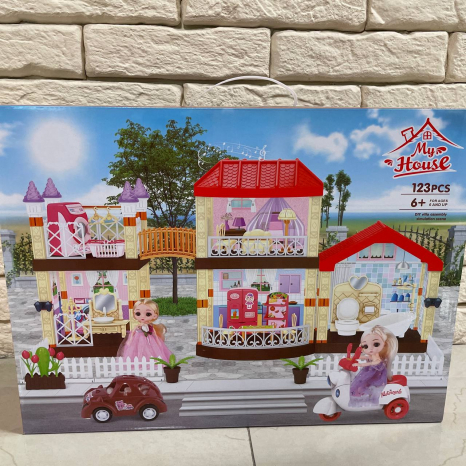 Ляльковий будинок 123 елементи, мелодія, наліпки, 2 ляльки, мопед, машинка, меблі 326 D 137