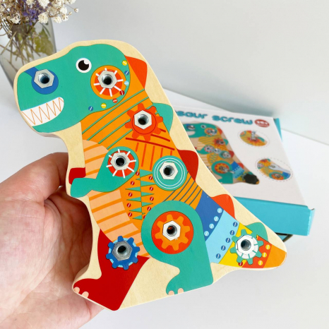 Дерев'яна дошка для розвитку моторики Динозавр C 35581: викрутка, шестигранні ключі, гайковий ключ
