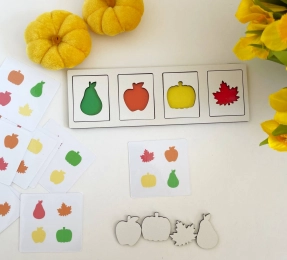 Деревянная рамка-сортер с карточками-задачами Яблоко-груша-тыква-листочек SP