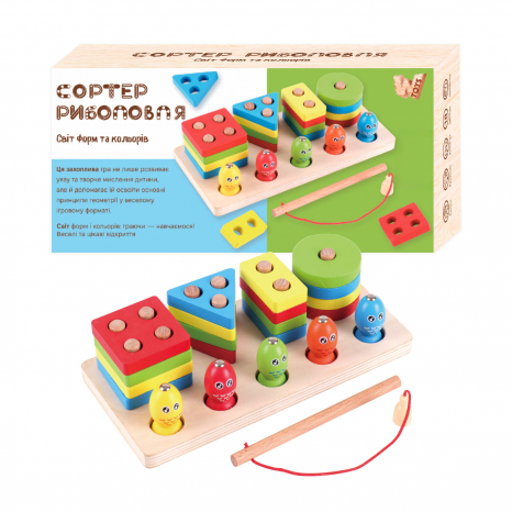 Дошка логічна дерев'яна, рибки на магнітах, сортер-риболовля, геометричні фігурки, 40426