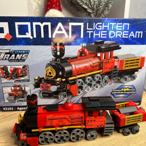Пластиковий конструктор 3 в 1 Поїзд, будтехніка, мотоцикл (305 деталей) Trans Collector Qman 42101
