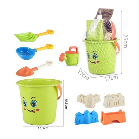 Пісочний набір C 481 відерце висотою 15.5 см, 4 формочки, лійка, граблі, лопата, ситечко, в сітці