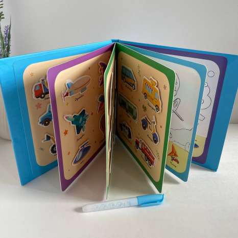 Розвиваюча багаторазова книга з липучками "Транспорт"+ водна розфарбовка та маркер, 55049