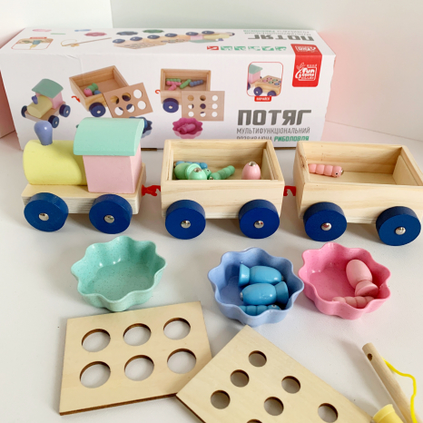 Дерев`яна іграшка Потяг - каталка, магнітна риболовля, сортер, Fun Game, 57841