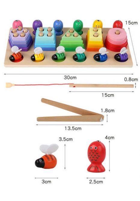 Деревянный геометрический сортер 3 в 1: магнитная рыбалка, геометрические фигурки, пчёлки, C 61692 