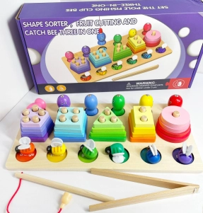 Дерев`яний геометричний сортер 3 в 1: магнітна риболовля, пірамідка - геометрик, сортер бджілки