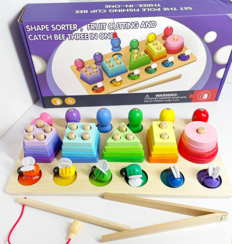 Деревянный геометрический сортер 3 в 1: магнитная рыбалка, геометрические фигурки, пчёлки, C 61692 