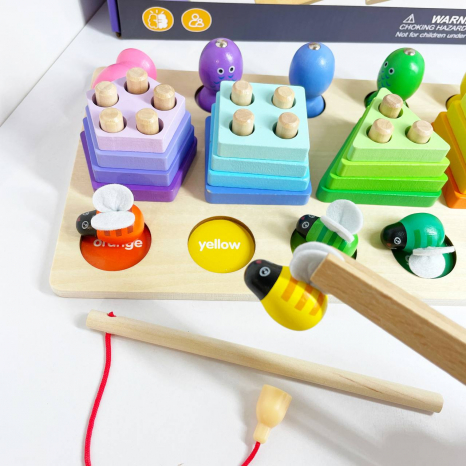 Деревянный геометрический сортер 3 в 1: магнитная рыбалка, геометрические фигурки, пчёлки, C 61692 