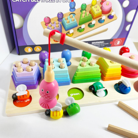 Деревянный геометрический сортер 3 в 1: магнитная рыбалка, геометрические фигурки, пчёлки, C 61692 
