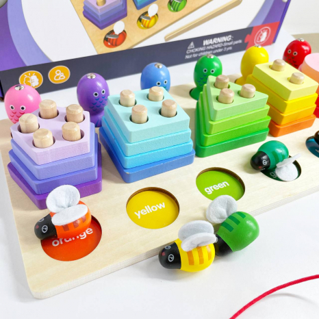 Деревянный геометрический сортер 3 в 1: магнитная рыбалка, геометрические фигурки, пчёлки, C 61692 
