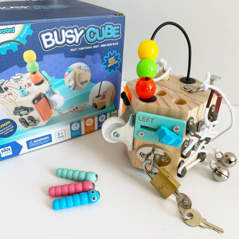 Логічна гра Бізіборд, дерев’яний куб, 10 міні-ігор, в коробці, Play Smart, 64873