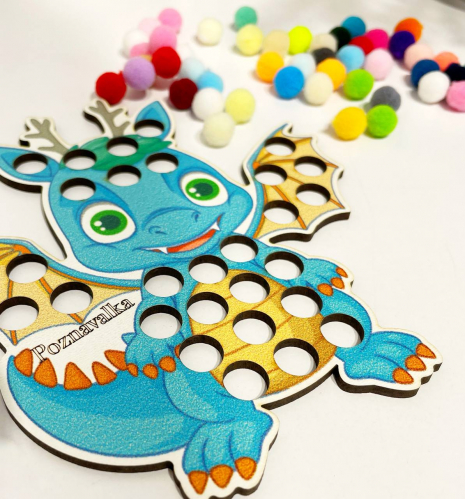 Деревянная игра - сортер Дракон с помпонами Познавалка Poznavalka