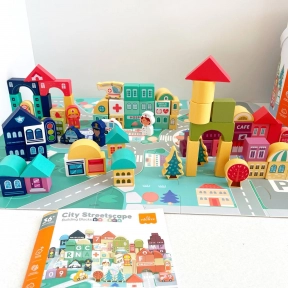 Конструктор  дерев’яний на 100 деталей з пазлами ігрове поле,сортер, у відрі С 65444