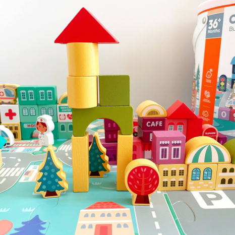 Конструктор деревянный на 100 деталей с пазлами игровое поле,сортер, в ведре С 65444