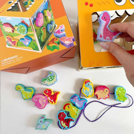 Дерев'яний логічний куб сортер з шнурівкою Діно, 15 елементів, C 65693