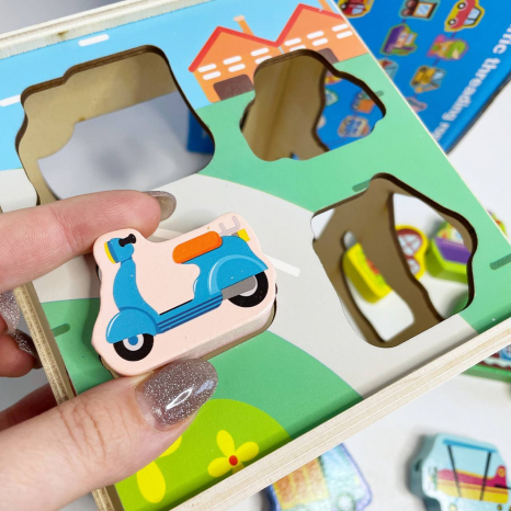 Дерев'яний логічний куб сортер з шнурівкою Транспорт, 15 елементів, C 65693