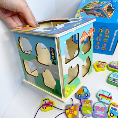 Дерев'яний логічний куб сортер з шнурівкою Транспорт, 15 елементів, C 65693