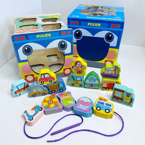 Дерев'яний логічний куб сортер з шнурівкою Транспорт, 15 елементів, C 65693