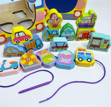 Дерев'яний логічний куб сортер з шнурівкою Транспорт, 15 елементів, C 65693