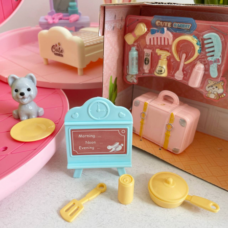 Игрушечный домик - пончик трансформер с мебелью, посудой и флоксовыми зайчиками 6695