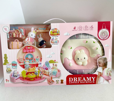 Игрушечный домик - пончик трансформер с мебелью, посудой и флоксовыми зайчиками 6695