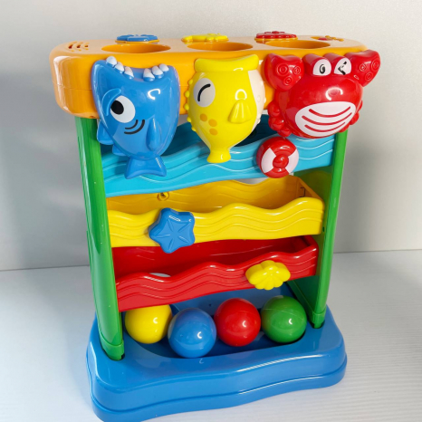 Дитяча розвиваюча гра Гірка з кульками зі звуковими тв світловими ефектами 7007-3 A : назви тварин, кумедні звуки, пісеньки, 3 гірки, 2 режими гучності