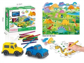 Двухсторонний пазл "Динозавры" с расцветкой,фломастерамы + машинка 7077-103