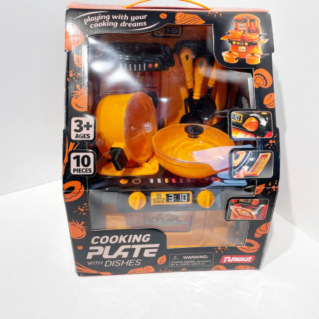 Набір іграшковго посуду з плитою "Cooking Plate with dishes" на 10 предметів в помаранчевий в коробці, 71771 Юніка